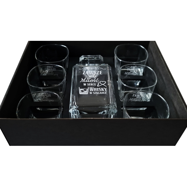 KARAFKA kwadratowa + 6 szklanek w czarnym pudełku - ZESTAW DO WHISKY