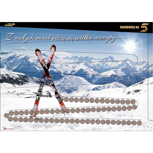 SKARBONKA NA 5 zł - XXL ścienna 70x50 cm NARTY - 1000 zł