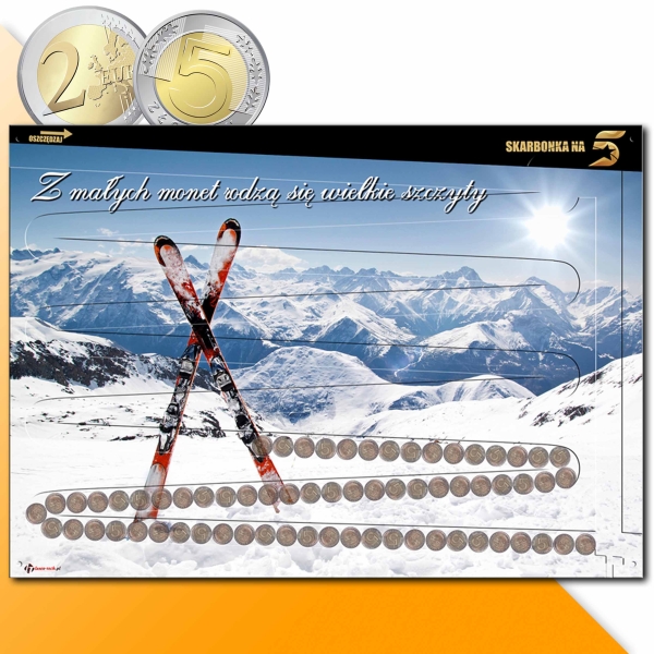 SKARBONKA NA 5 zł - XXL ścienna 70x50 cm NARTY - 1000 zł